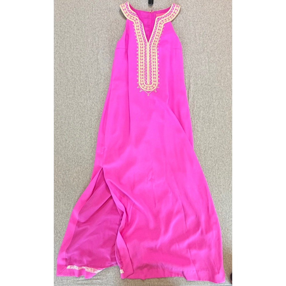 Lilly Pulitzer Pink Gold Embroidered V-Neck Maxi Dress Size 6 Side Slit Gown
